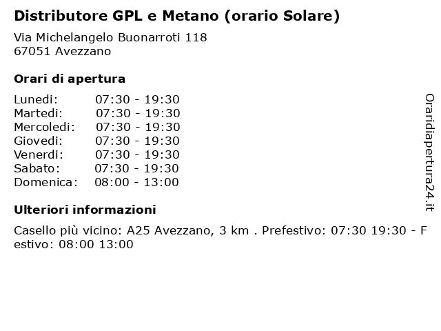 Distributore GPL e Metano (orario Solare) a Avezzano: indirizzo e orari di apertura