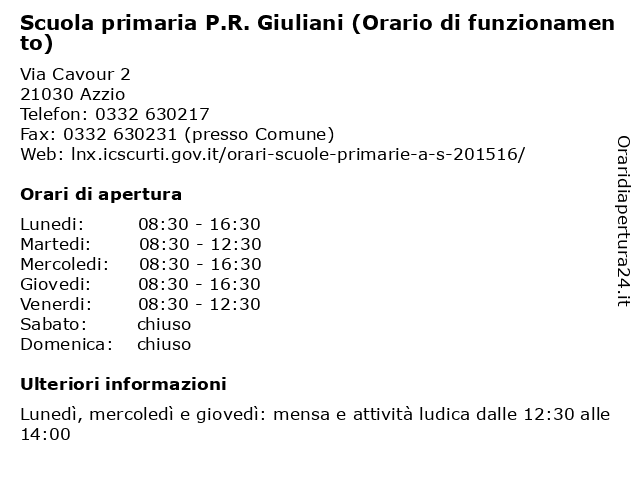 Scuola primaria P.R. Giuliani (Orario di funzionamento) a Azzio: indirizzo e orari di apertura