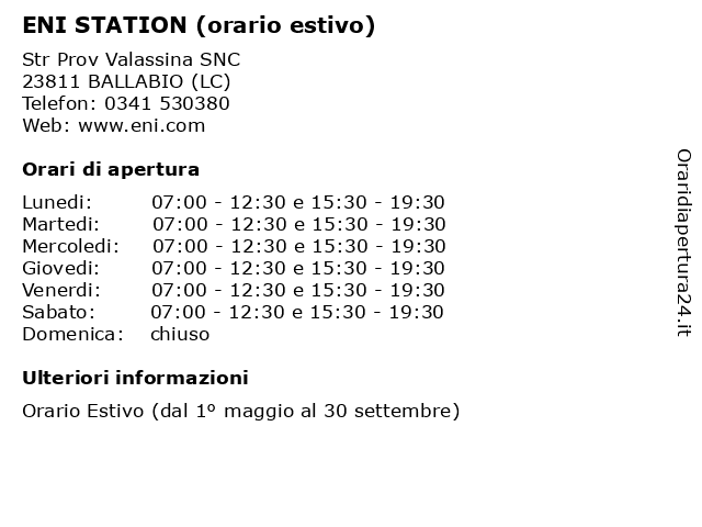 ENI STATION (orario estivo) a BALLABIO (LC): indirizzo e orari di apertura