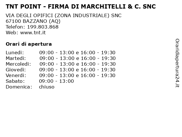 TNT POINT - FIRMA DI MARCHITELLI & C. SNC a BAZZANO (AQ): indirizzo e orari di apertura