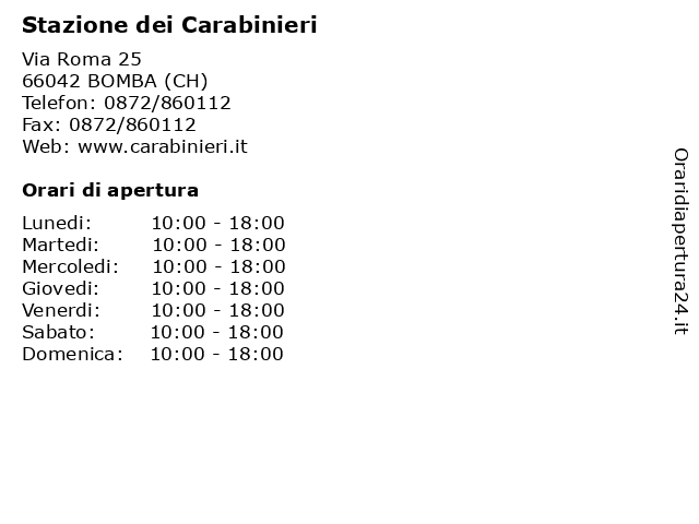 Stazione dei Carabinieri a BOMBA (CH): indirizzo e orari di apertura