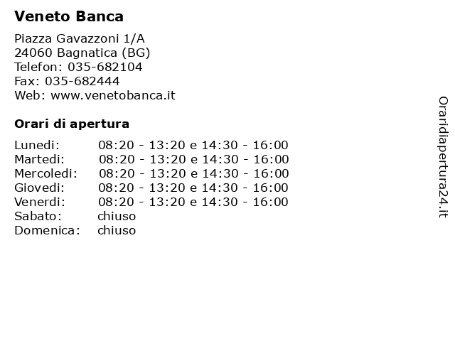 Veneto Banca a Bagnatica (BG): indirizzo e orari di apertura