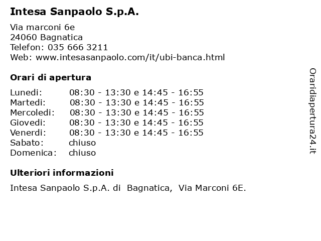 Intesa Sanpaolo S.p.A. a Bagnatica: indirizzo e orari di apertura