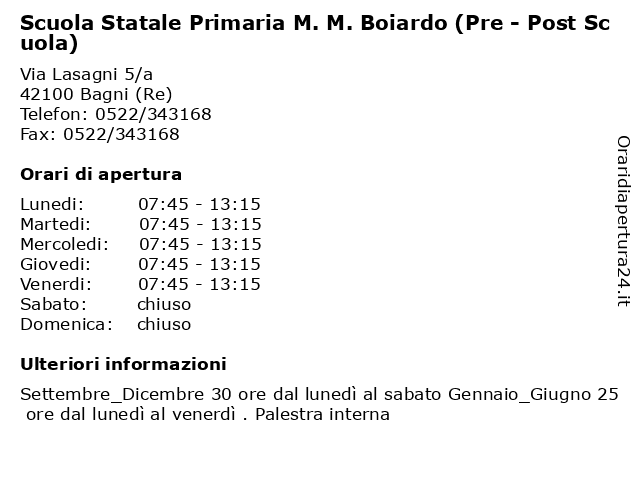 Scuola Statale Primaria M. M. Boiardo (Pre - Post Scuola) a Bagni (Re): indirizzo e orari di apertura