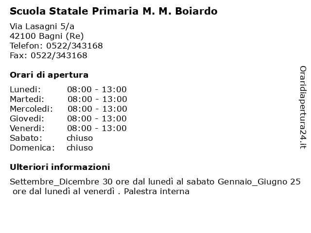 Scuola Statale Primaria M. M. Boiardo a Bagni (Re): indirizzo e orari di apertura