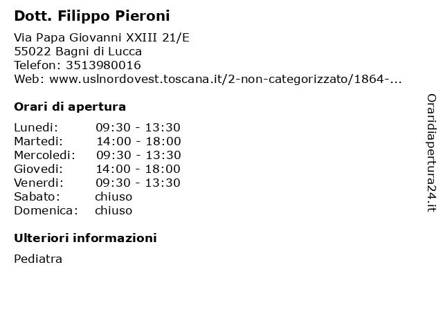 Dott. Filippo Pieroni a Bagni di Lucca: indirizzo e orari di apertura