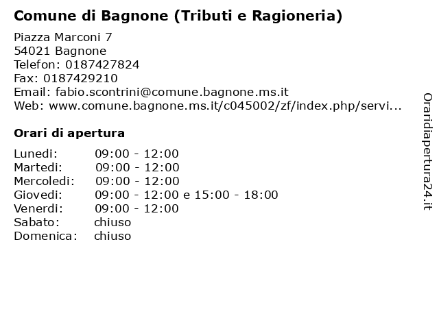 Comune di Bagnone (Tributi e Ragioneria) a Bagnone: indirizzo e orari di apertura