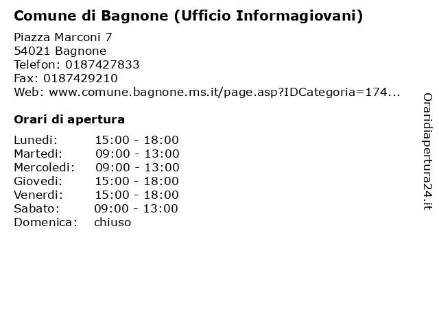 Comune di Bagnone (Ufficio Informagiovani) a Bagnone: indirizzo e orari di apertura