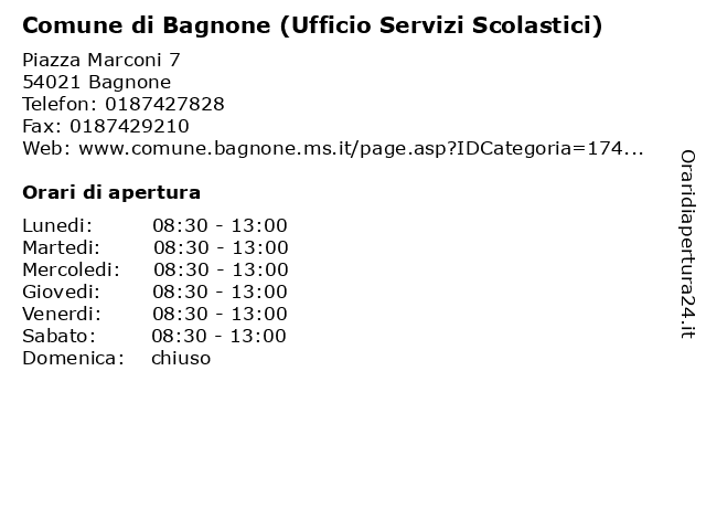 Comune di Bagnone (Ufficio Servizi Scolastici) a Bagnone: indirizzo e orari di apertura