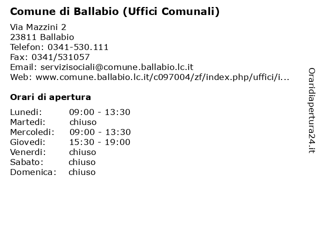 Comune di Ballabio (Uffici Comunali) a Ballabio: indirizzo e orari di apertura