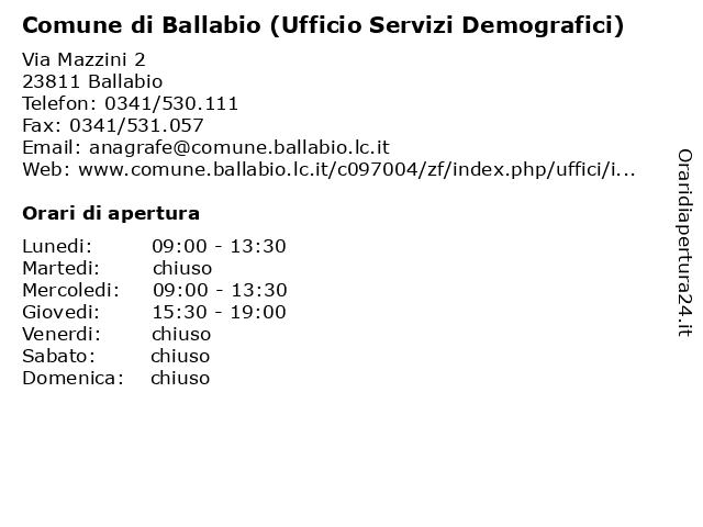 Comune di Ballabio (Ufficio Servizi Demografici) a Ballabio: indirizzo e orari di apertura