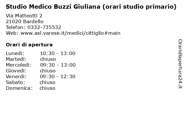 Studio Medico Buzzi Giuliana (orari studio primario) a Bardello: indirizzo e orari di apertura