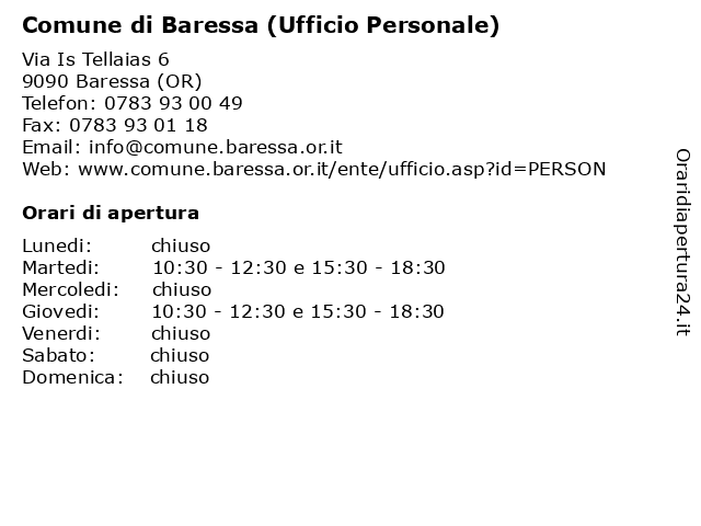 Comune di Baressa (Ufficio Personale) a Baressa (OR): indirizzo e orari di apertura