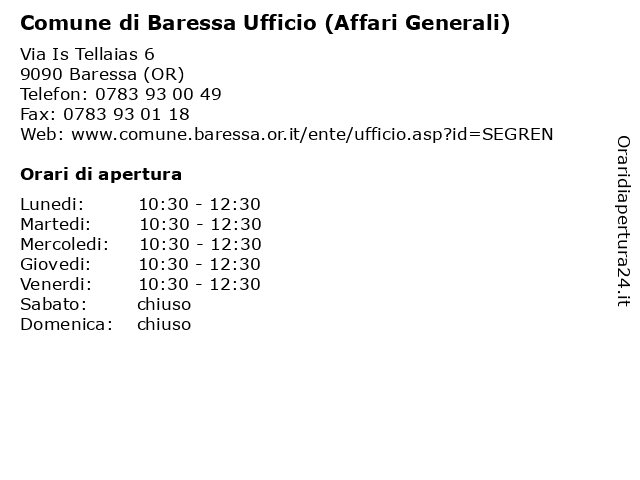 Comune di Baressa Ufficio (Affari Generali) a Baressa (OR): indirizzo e orari di apertura