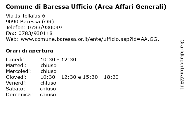 Comune di Baressa Ufficio (Area Affari Generali) a Baressa (OR): indirizzo e orari di apertura