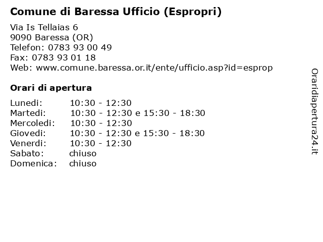 Comune di Baressa Ufficio (Espropri) a Baressa (OR): indirizzo e orari di apertura