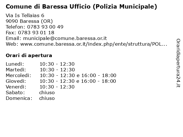 Comune di Baressa Ufficio (Polizia Municipale) a Baressa (OR): indirizzo e orari di apertura