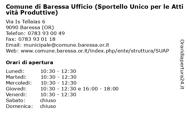 Comune di Baressa Ufficio (Sportello Unico per le Attività Produttive) a Baressa (OR): indirizzo e orari di apertura