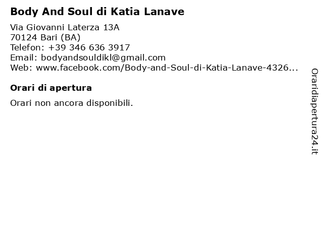 Body And Soul di Katia Lanave a Bari (BA): indirizzo e orari di apertura
