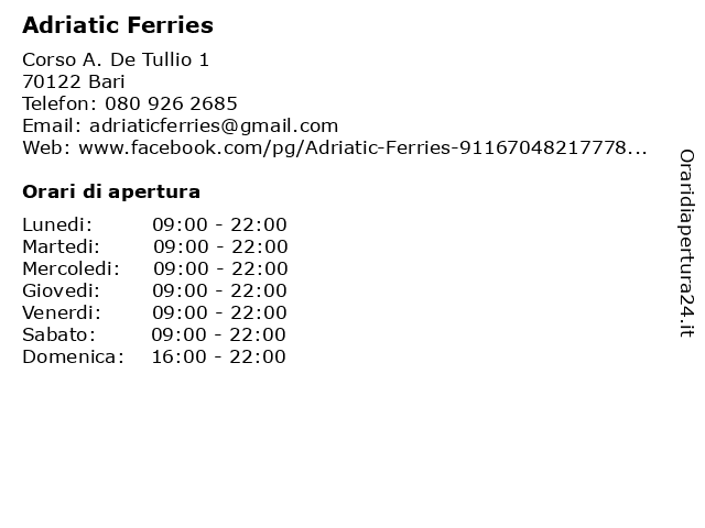 Adriatic Ferries a Bari: indirizzo e orari di apertura