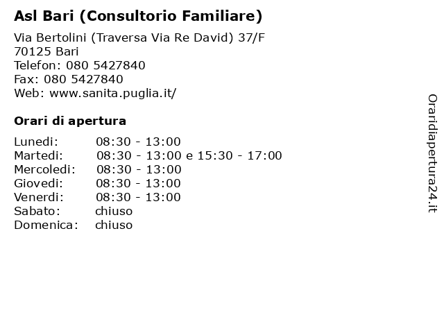 Asl Bari (Consultorio Familiare) a Bari: indirizzo e orari di apertura
