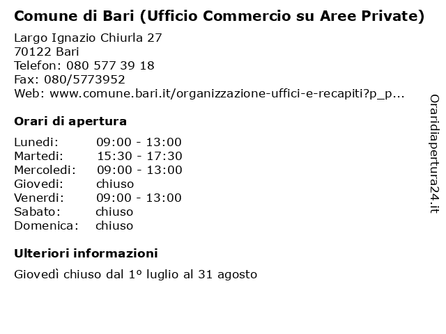 Comune di Bari (Ufficio Commercio su Aree Private) a Bari: indirizzo e orari di apertura