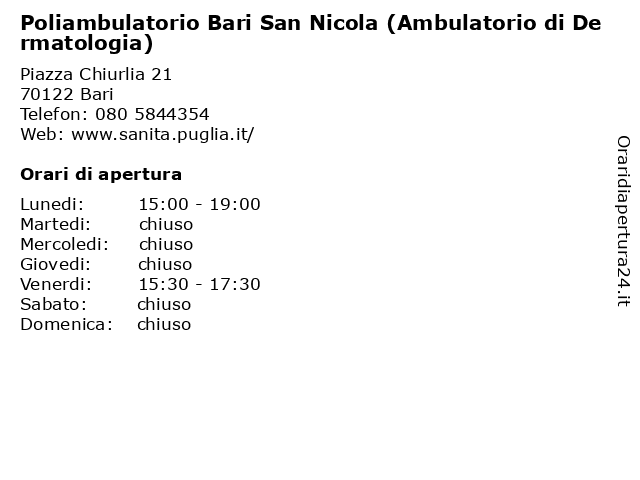 Poliambulatorio Bari San Nicola (Ambulatorio di Dermatologia) a Bari: indirizzo e orari di apertura
