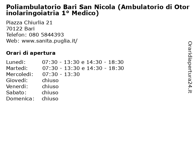 Poliambulatorio Bari San Nicola (Ambulatorio di Otorinolaringoiatria 1° Medico) a Bari: indirizzo e orari di apertura
