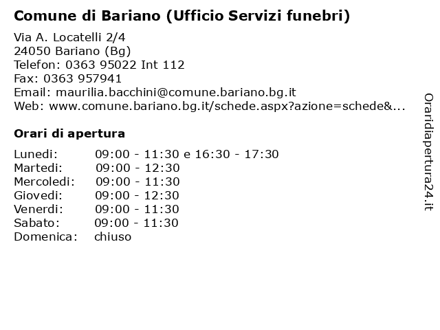 Comune di Bariano (Ufficio Servizi funebri) a Bariano (Bg): indirizzo e orari di apertura