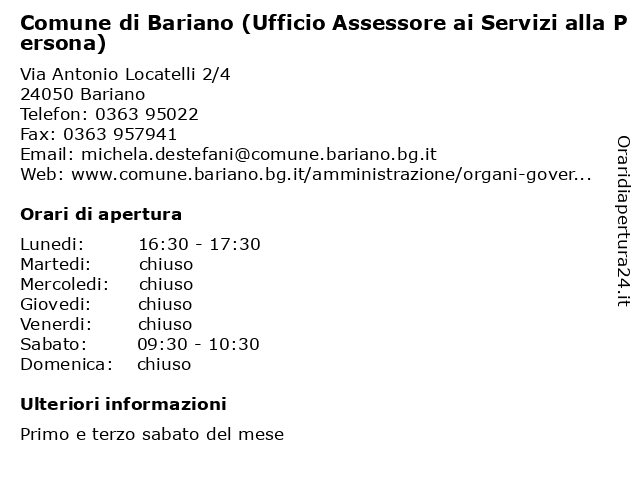 Comune di Bariano (Ufficio Assessore ai Servizi Sociali) a Bariano: indirizzo e orari di apertura