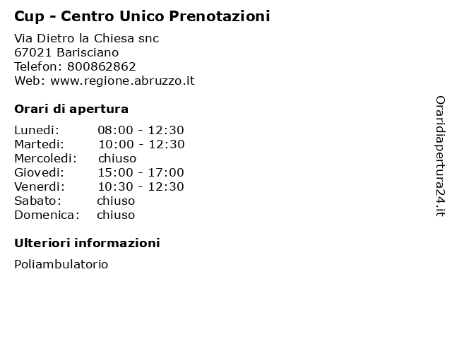 Cup - Centro Unico Prenotazioni a Barisciano: indirizzo e orari di apertura
