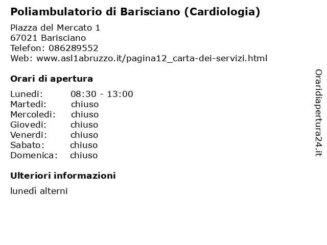 Poliambulatorio di Barisciano (Cardiologia) a Barisciano: indirizzo e orari di apertura