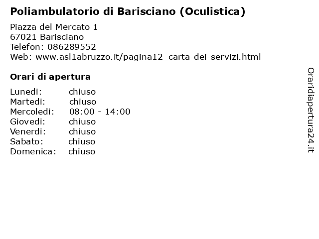 Poliambulatorio di Barisciano (Oculistica) a Barisciano: indirizzo e orari di apertura