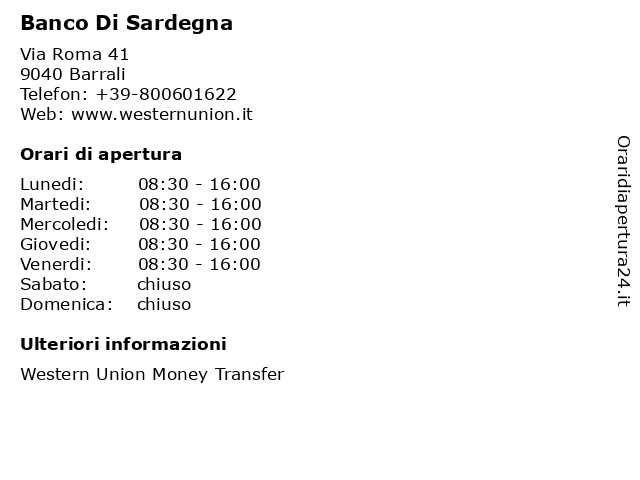 Banco Di Sardegna a Barrali: indirizzo e orari di apertura