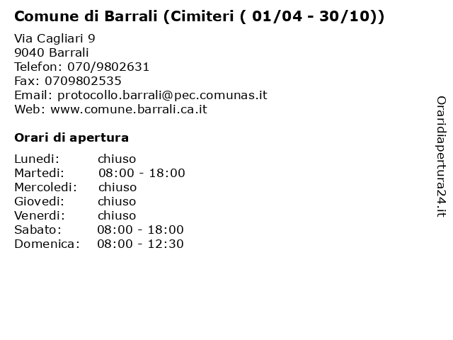 Comune di Barrali (Cimiteri ( 01/04 - 30/10)) a Barrali: indirizzo e orari di apertura