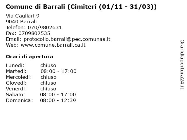 Comune di Barrali (Cimiteri (01/11 - 31/03)) a Barrali: indirizzo e orari di apertura