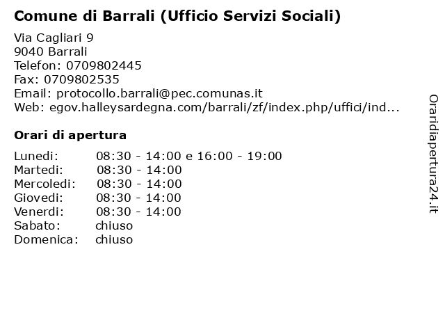 Comune di Barrali (Ufficio Servizi Sociali) a Barrali: indirizzo e orari di apertura