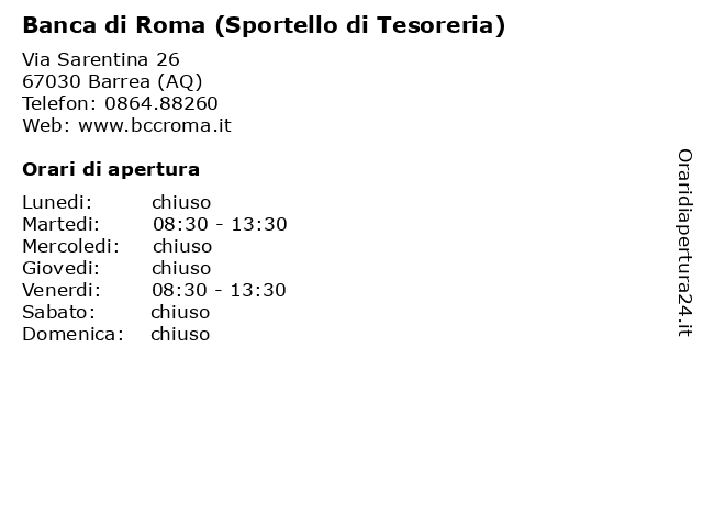 Banca di Roma (Sportello di Tesoreria) a Barrea (AQ): indirizzo e orari di apertura