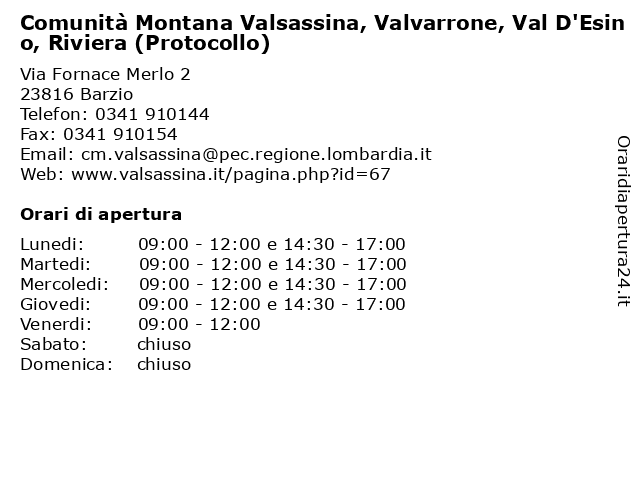 Comunità Montana Valsassina, Valvarrone, Val D'Esino, Riviera (Protocollo) a Barzio: indirizzo e orari di apertura
