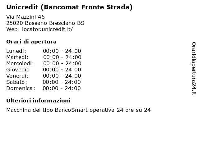 Unicredit (Bancomat Fronte Strada) a Bassano Bresciano BS: indirizzo e orari di apertura