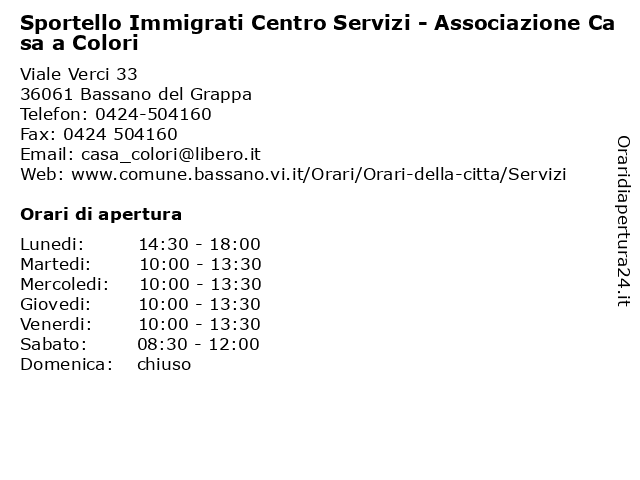 ᐅ Orari Sportello Immigrati Centro Servizi Associazione Casa A Colori Viale Verci 33 Bassano Del Grappa