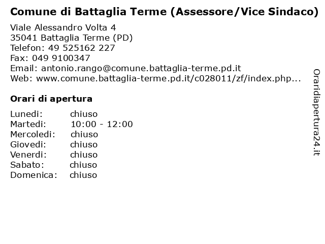 Comune di Battaglia Terme (Assessore/Vice Sindaco) a Battaglia Terme (PD): indirizzo e orari di apertura