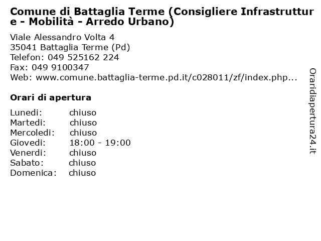 Comune di Battaglia Terme (Consigliere Infrastrutture - Mobilità - Arredo Urbano) a Battaglia Terme (Pd): indirizzo e orari di apertura