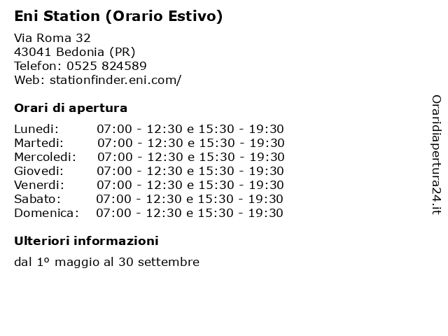 Eni Station (Orario Estivo) a Bedonia (PR): indirizzo e orari di apertura