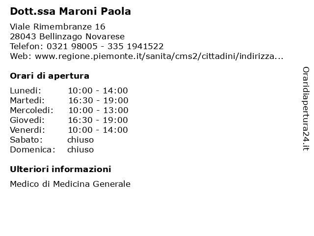 Dott.ssa Maroni Paola a Bellinzago Novarese: indirizzo e orari di apertura
