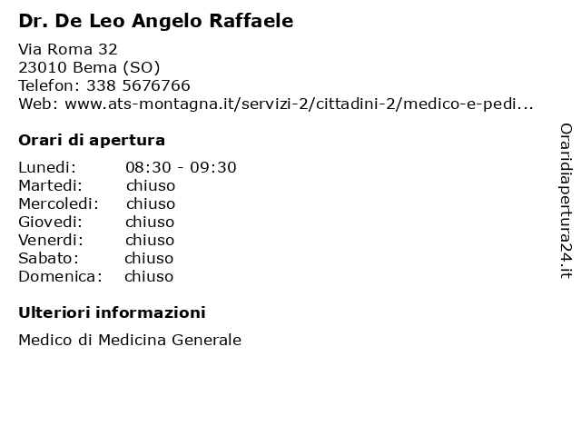 Dr. De Leo Angelo Raffaele a Bema (SO): indirizzo e orari di apertura