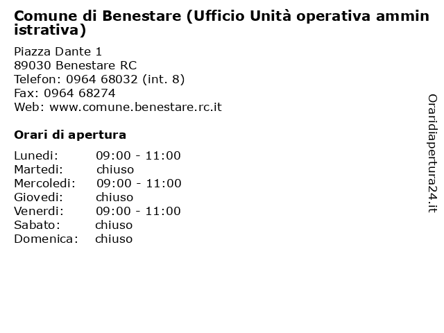 Comune di Benestare (Ufficio Unità operativa amministrativa) a Benestare RC: indirizzo e orari di apertura