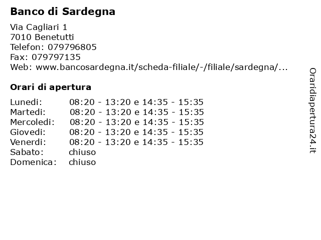 Banco Di Sardegna a Benetutti: indirizzo e orari di apertura