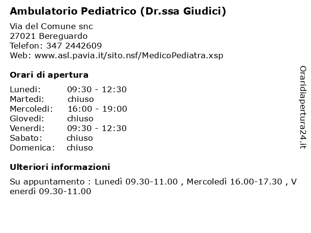 Ambulatorio Pediatrico (Dr.ssa Giudici) a Bereguardo: indirizzo e orari di apertura