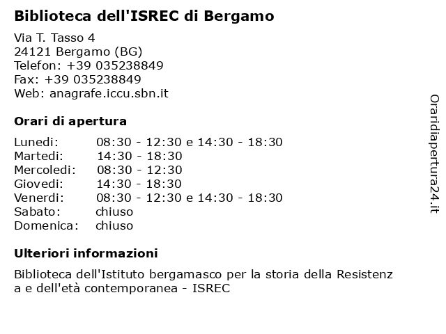 Biblioteca dell'ISREC di Bergamo a Bergamo (BG): indirizzo e orari di apertura